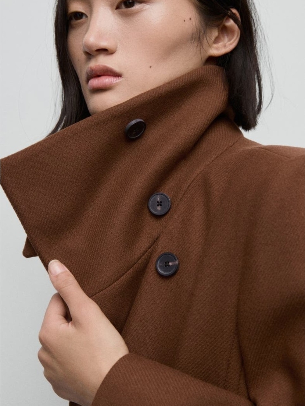 Virgin Wool Blend Brown Convertible Collar Women's Coat